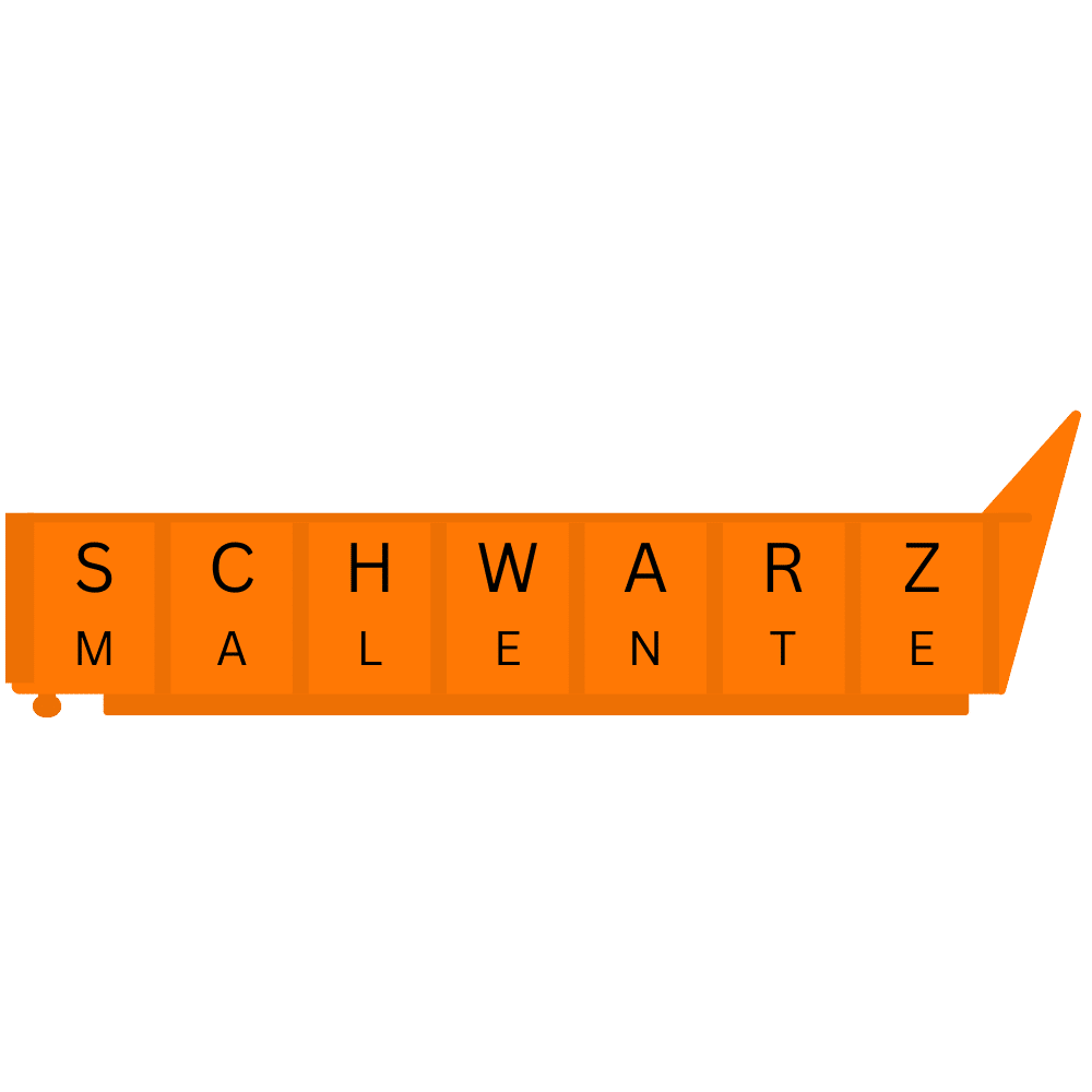 Grafik eines 10m3 Abrollcontainer in Orange mit der Aufschrift Schwarz Malente
