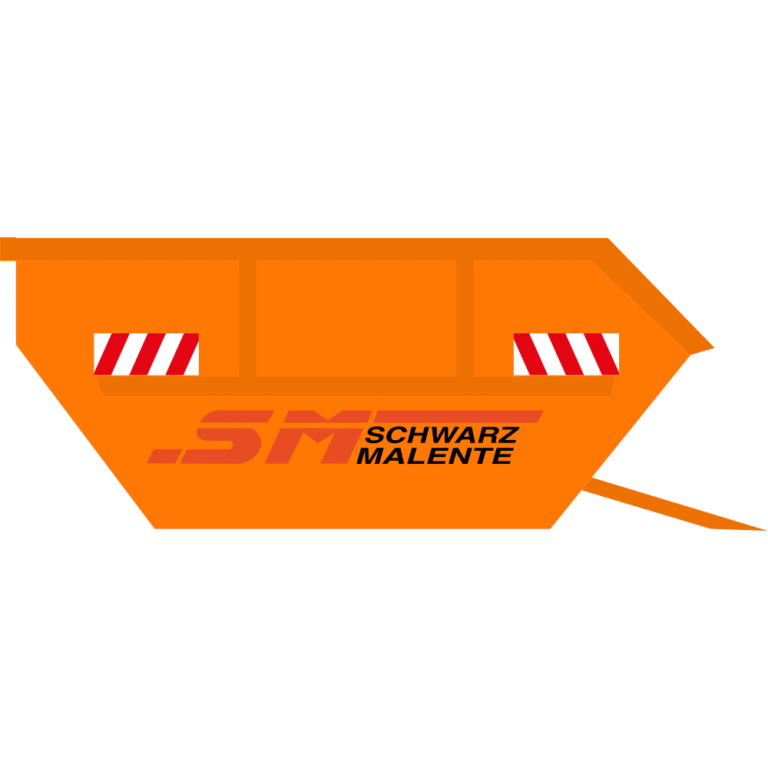 Grafik einer 7m3 Absetzmulde mit offener Bauschuttklappe in Orange mit dem Logo von Schwarz Malente